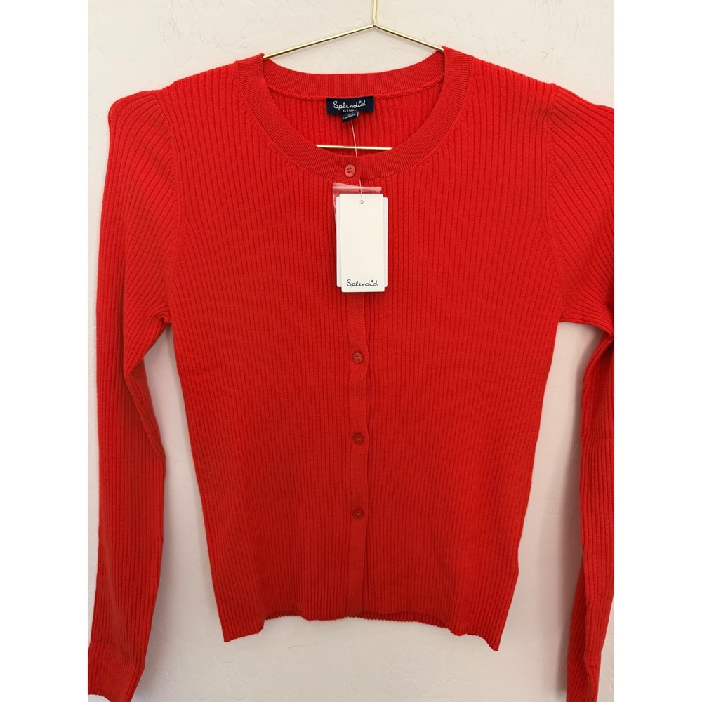 Splendid Jette Long Sleeve Cardigan Red Ribbed Crew Neck Puff Shoulder XS NEW